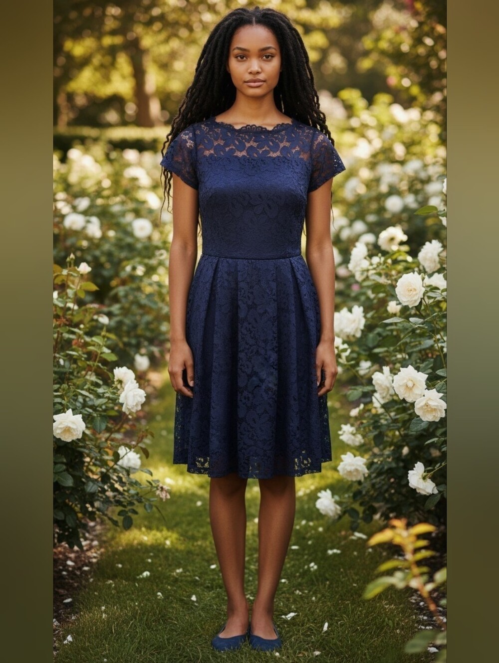 #235 Classic Navy Lace Midi Dress with Scalloped Neckline